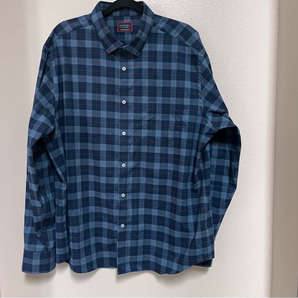 UNTUCKIT Men’s Casual Shirt Size XXL DARK & LIGHT BLUE w/red Plaid